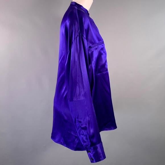 HAIDER ACKERMANN Size S Blue Silk Nehru Collar Hidden Buttons Shirt - Picture 2 of 5